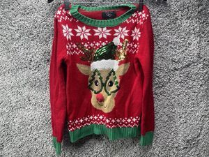 It's Our Time Reindeer Christmas Sweater Girls Size Medium Multicolor Holiday